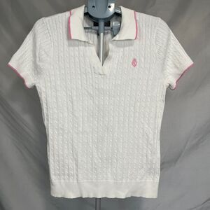 L-RL Lauren Active Polo Shirt Womens XL White Pink Logo Cotton Cable Knit Golf‎